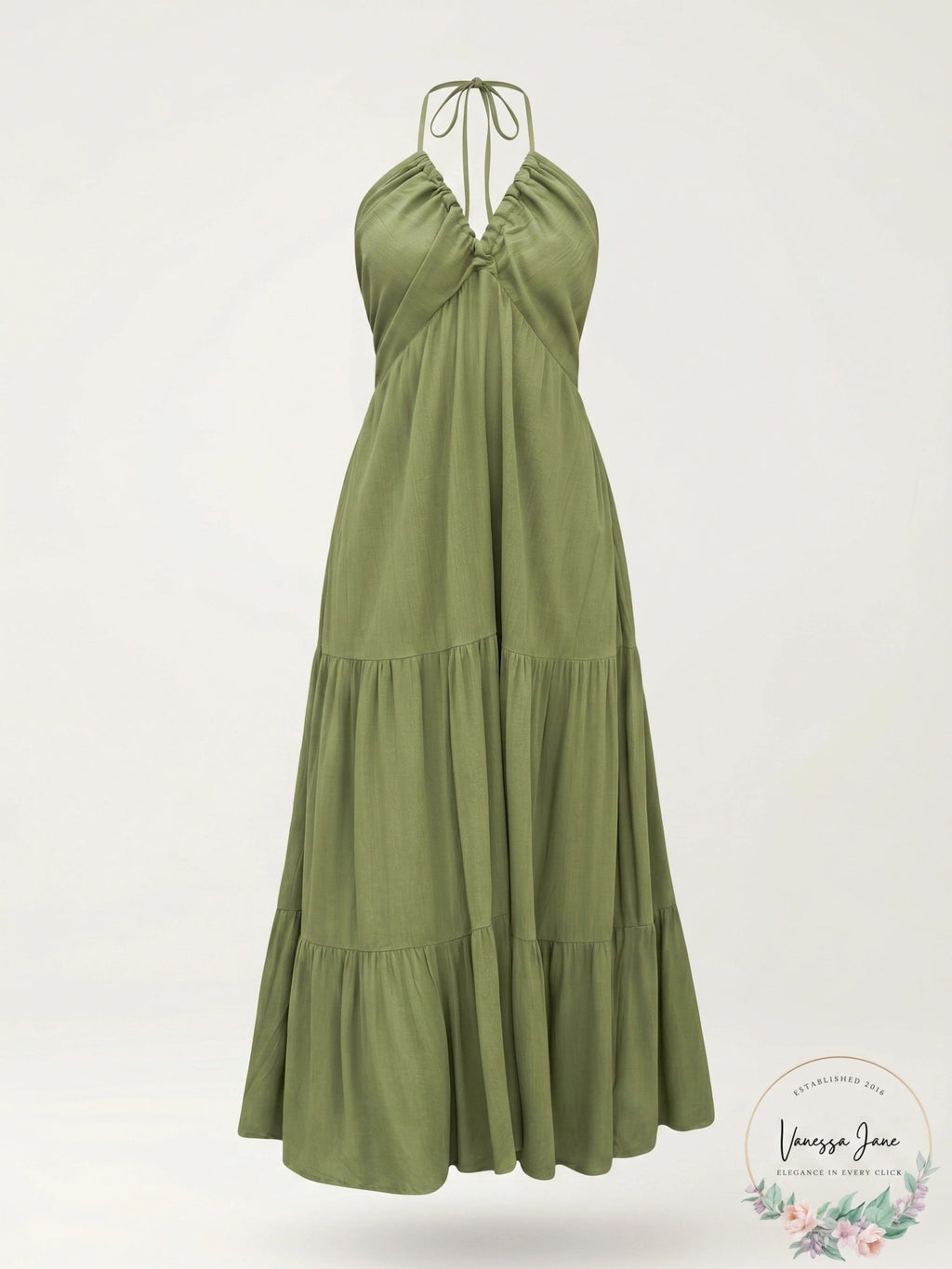 Cupshe Womens Olive Green Notched Neck Halter MIDI Beach Dress, Medium