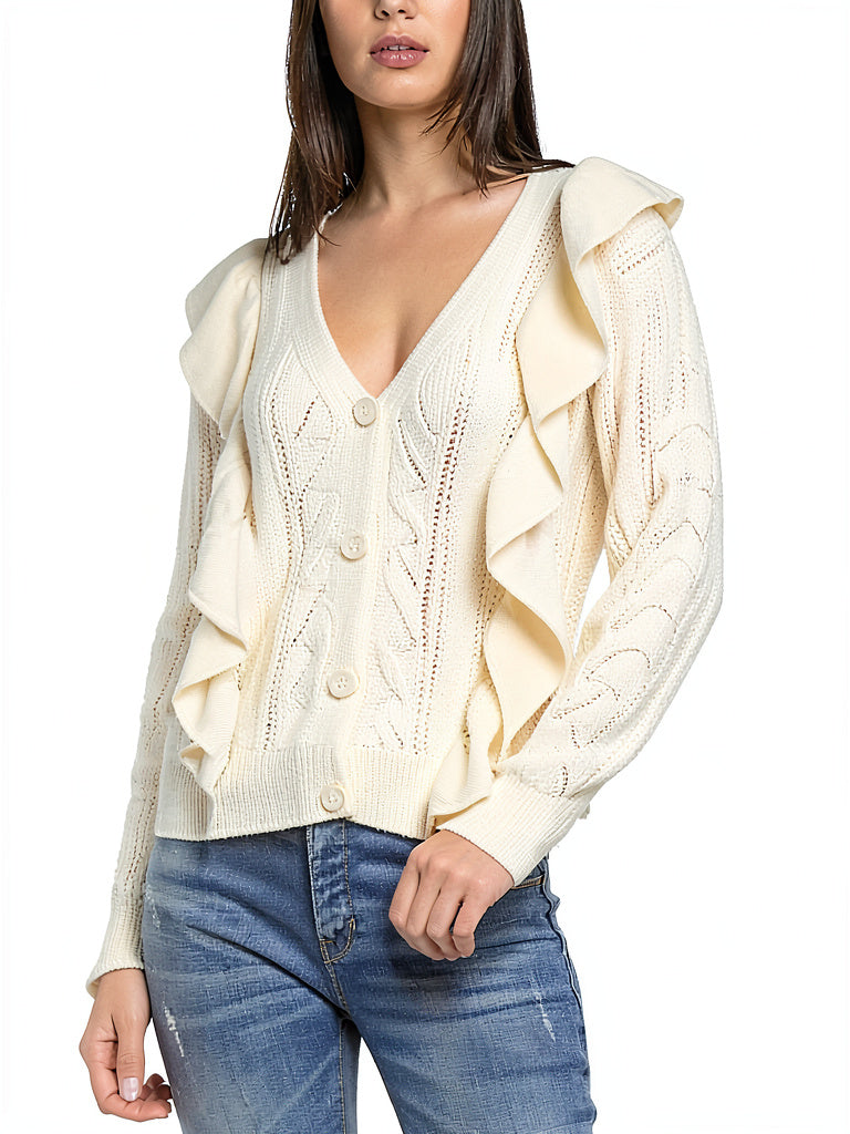 Elan Ruffle Trim Cardigan, Size Large