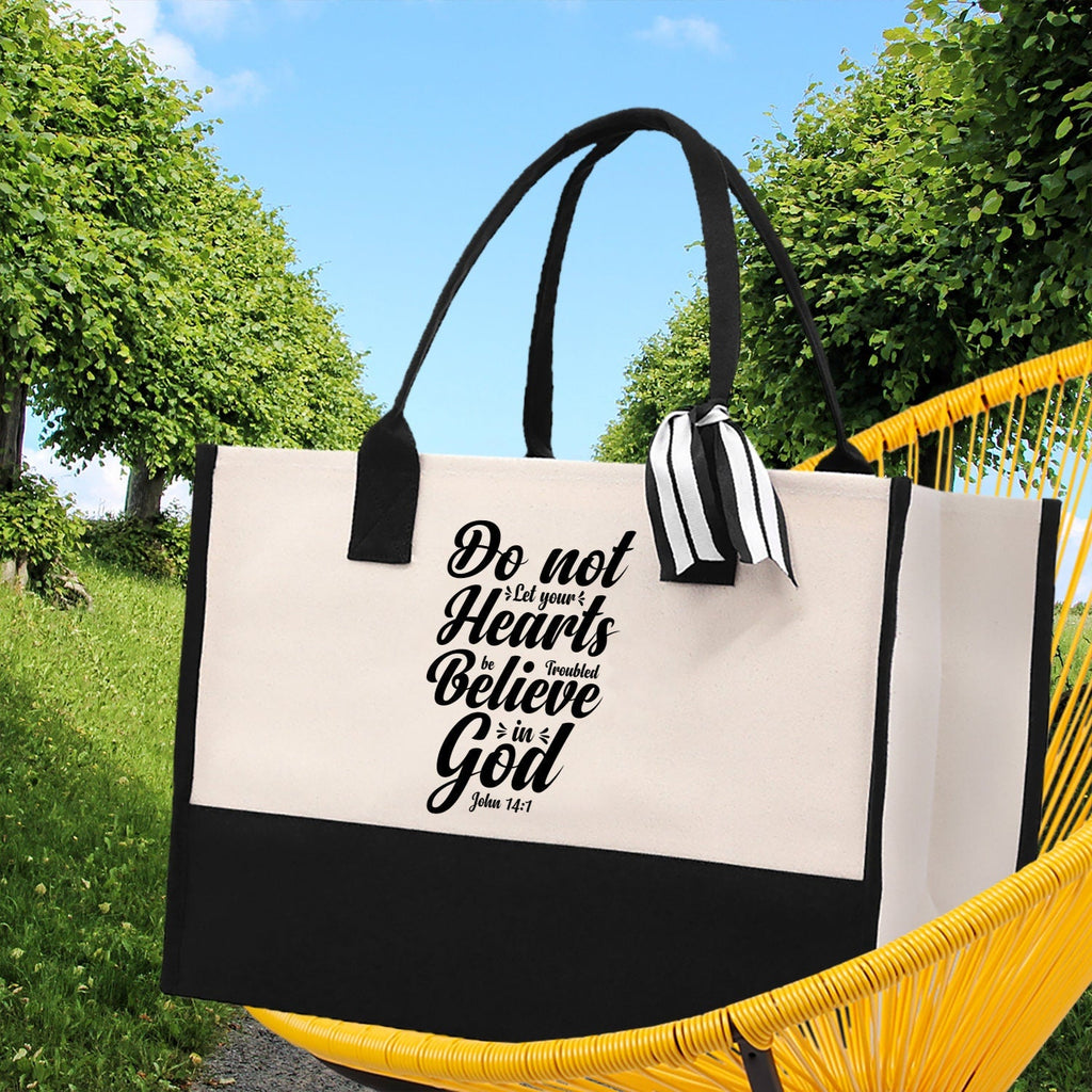 Do not Let Your heart Be Troubled Believe in God John 14:1 Religious Canvas Tote Bag Gift for Women Bible Verse Gift Church Tote Bag