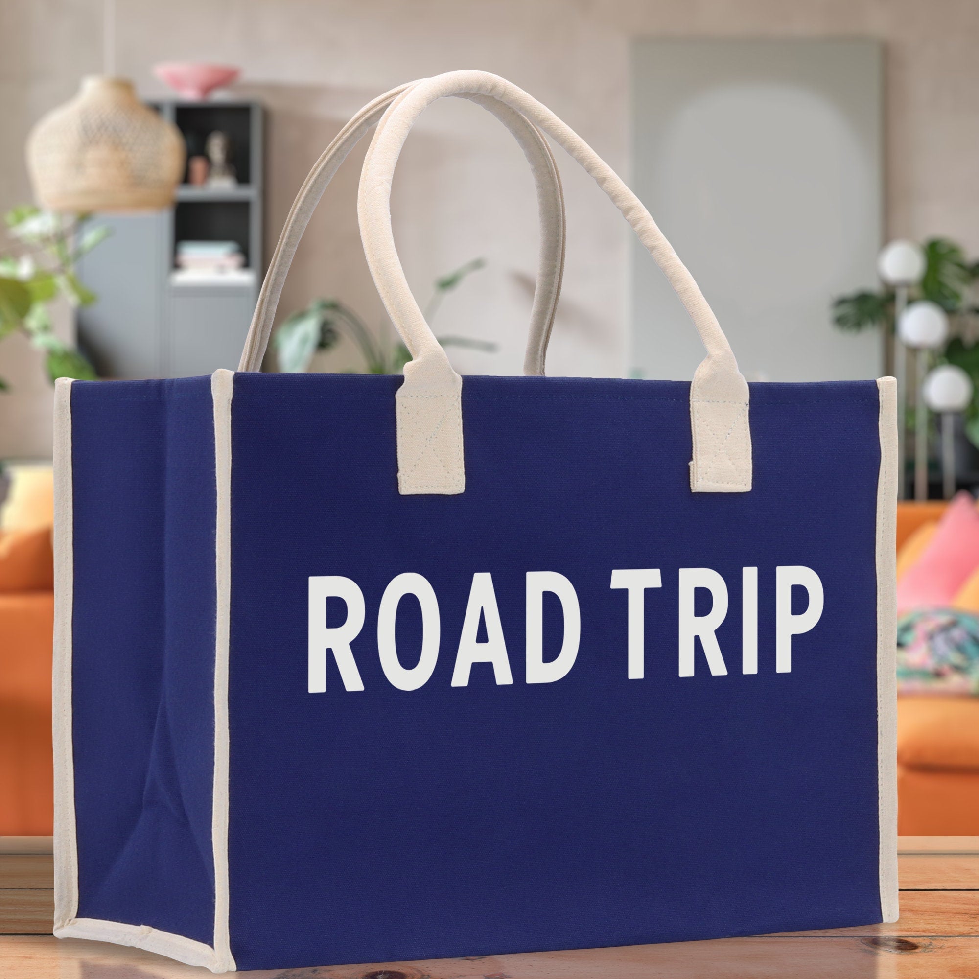 Road Trip Cotton Canvas Chic Beach Tote Bag Multipurpose Tote Weekender Tote Gift for Her Outdoor Tote Vacation Tote Large Beach Bag