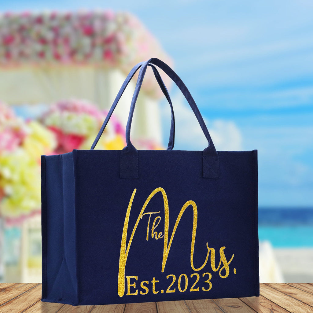 The Mrs. Est. 2023 Gold Color Print Tote Bag 100% Cotton Canvas Bridal Party Tote Bachelorette Bag Bridal Chic Tote Bags Wedding Totes
