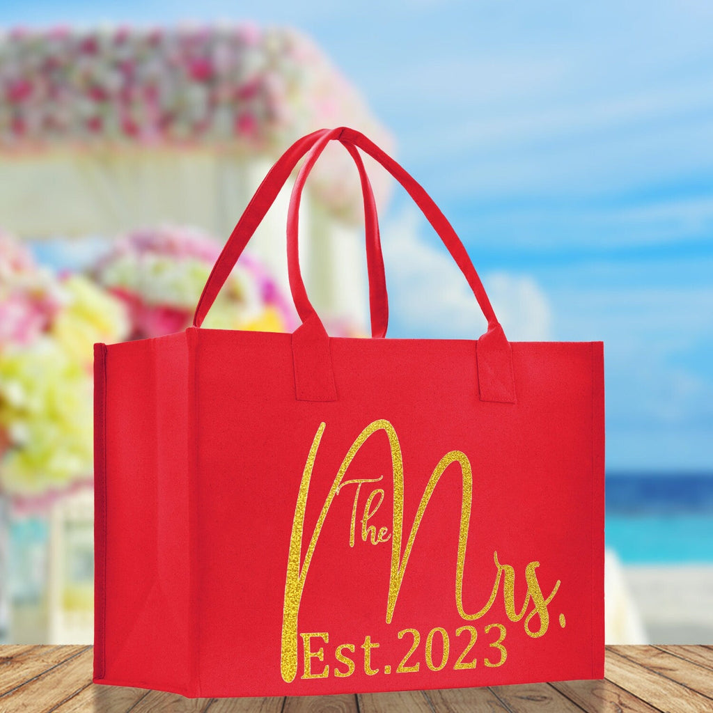 The Mrs. Est. 2023 Gold Color Print Tote Bag 100% Cotton Canvas Bridal Party Tote Bachelorette Bag Bridal Chic Tote Bags Wedding Totes