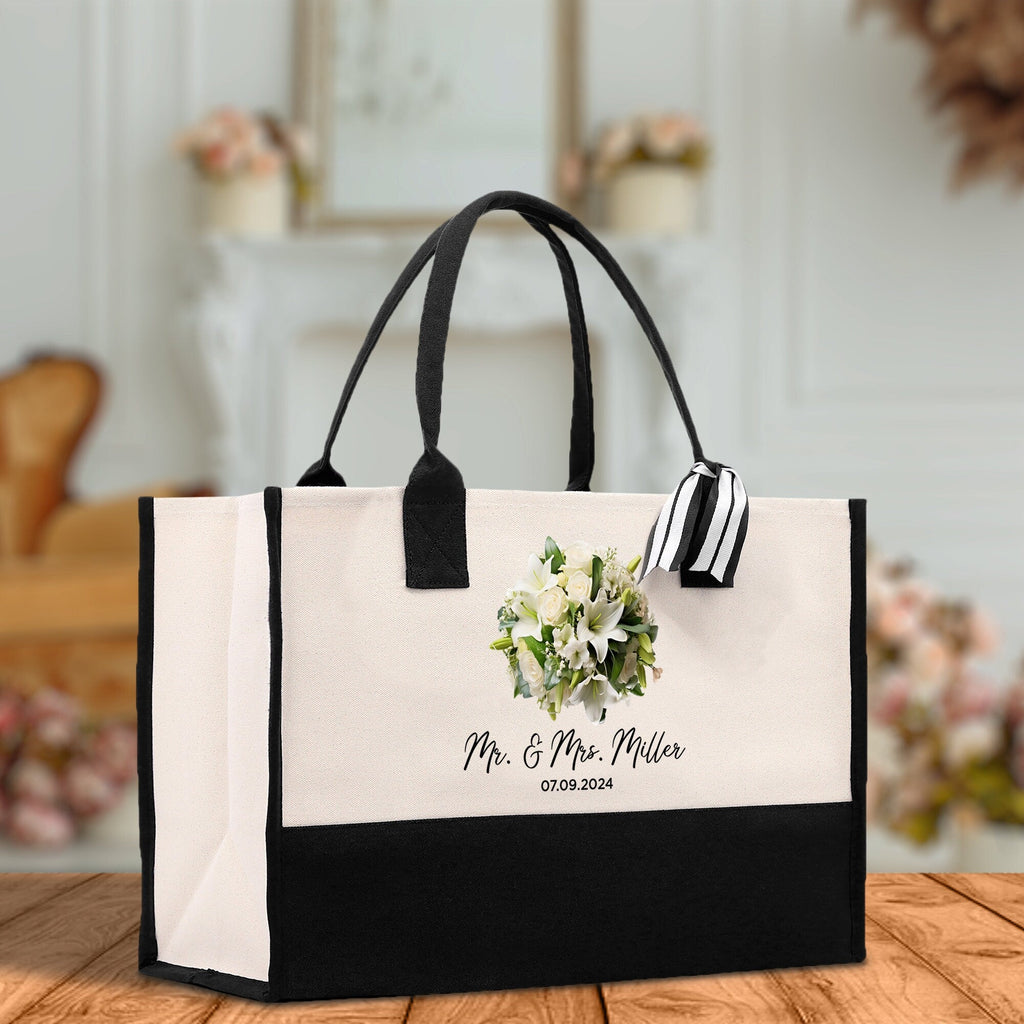 Bride Bouquet White Flowers Bouquet Custom Mr. & Mrs. Last Name Year Tote Bag Personalized Wedding Tote Bridal Shower Gift Honeymoon Gift