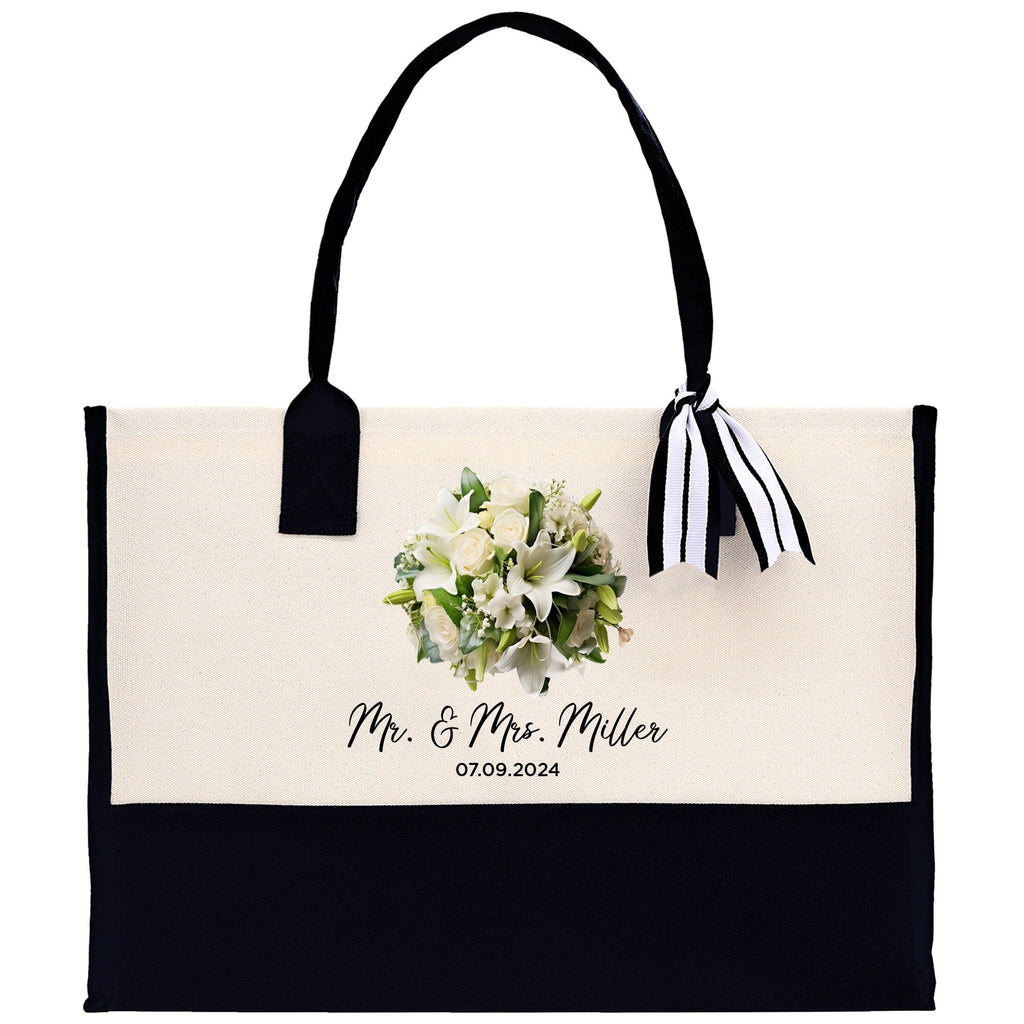 Bride Bouquet White Flowers Bouquet Custom Mr. & Mrs. Last Name Year Tote Bag Personalized Wedding Tote Bridal Shower Gift Honeymoon Gift