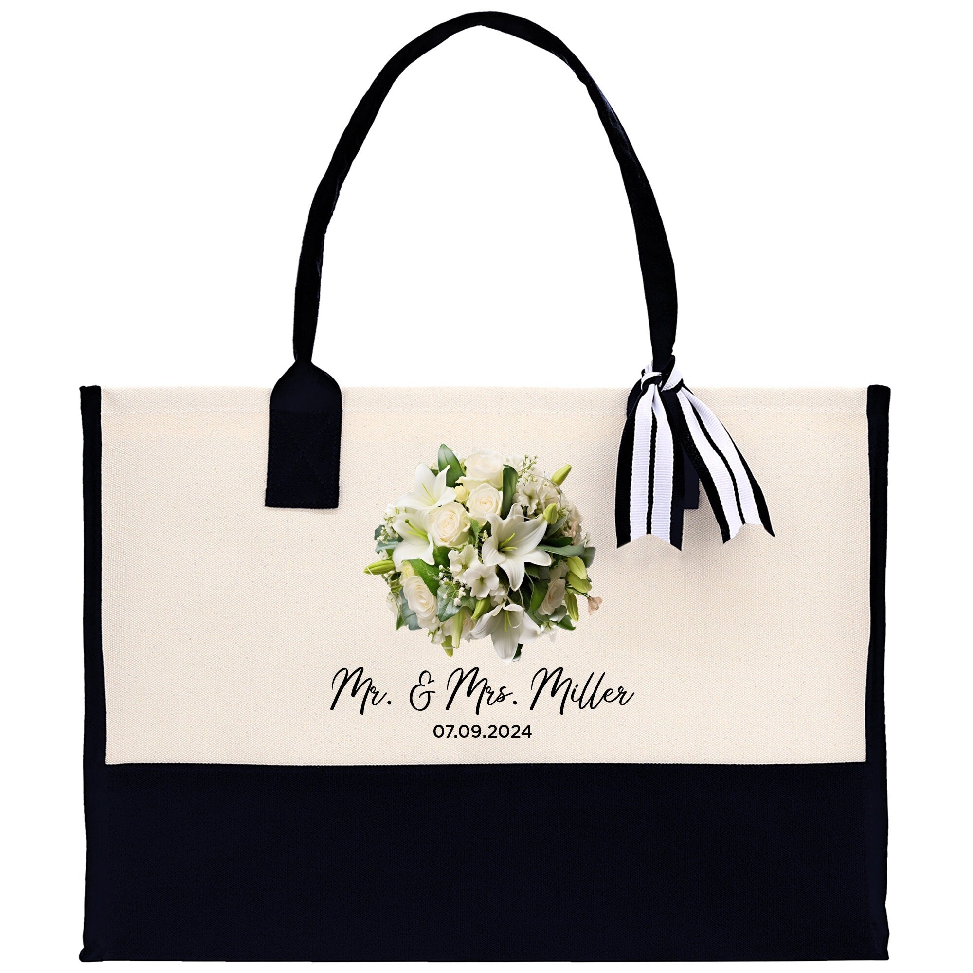 Bride Bouquet White Flowers Bouquet Custom Mr. & Mrs. Last Name Year Tote Bag Personalized Wedding Tote Bridal Shower Gift Honeymoon Gift