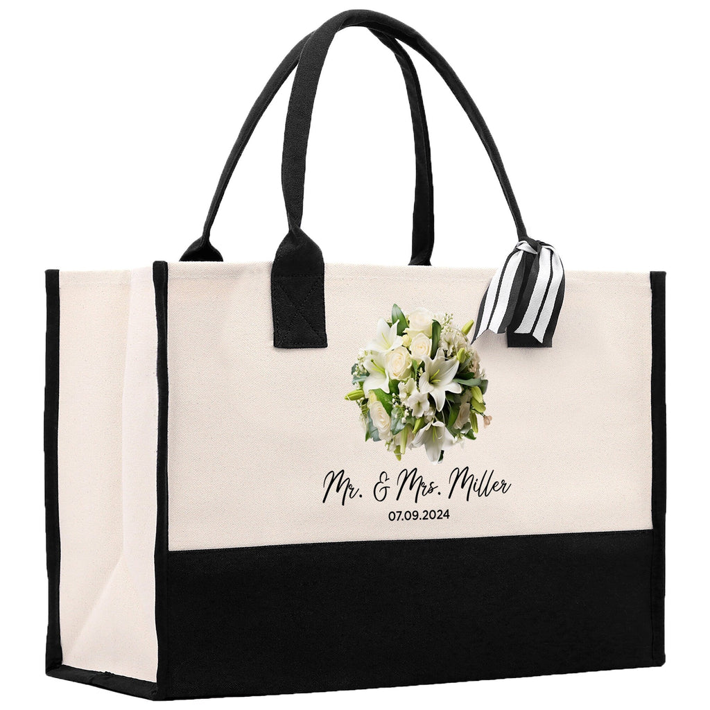 Bride Bouquet White Flowers Bouquet Custom Mr. & Mrs. Last Name Year Tote Bag Personalized Wedding Tote Bridal Shower Gift Honeymoon Gift