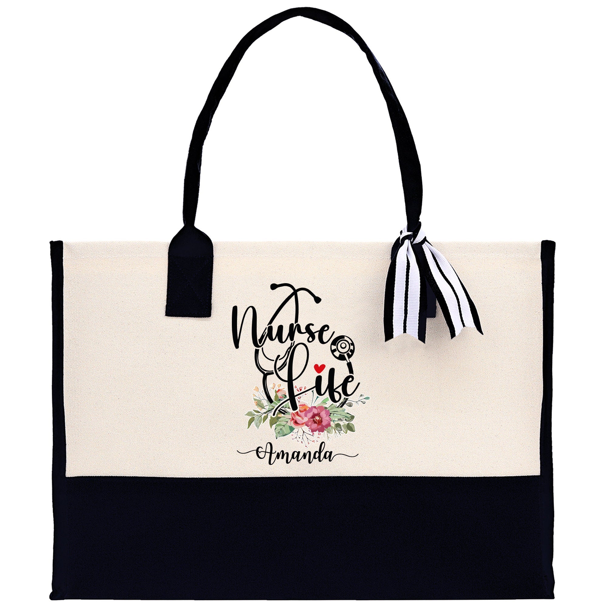 Nurse Life Floral Tote Custom Name Personalized Cotton Canvas Tote Bag Nurse Gift Future Nurse Gift Nursing Student Graduation Gift
