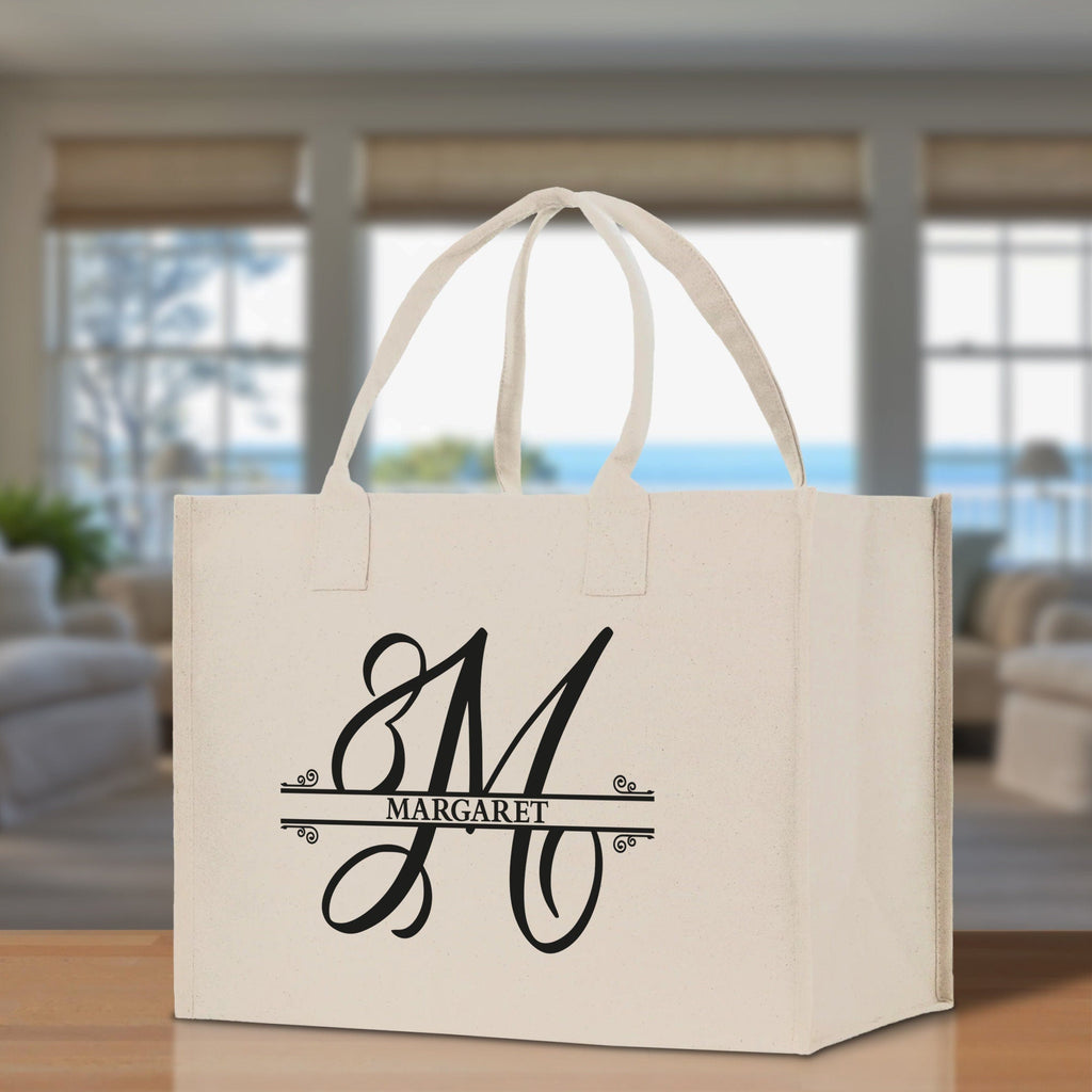 Split Initial and Name Custom Cotton Canvas Tote Bag Personalized Initial Tote Birthday Gift Wedding Gift Jewelry Box Frosted Can Glass Set