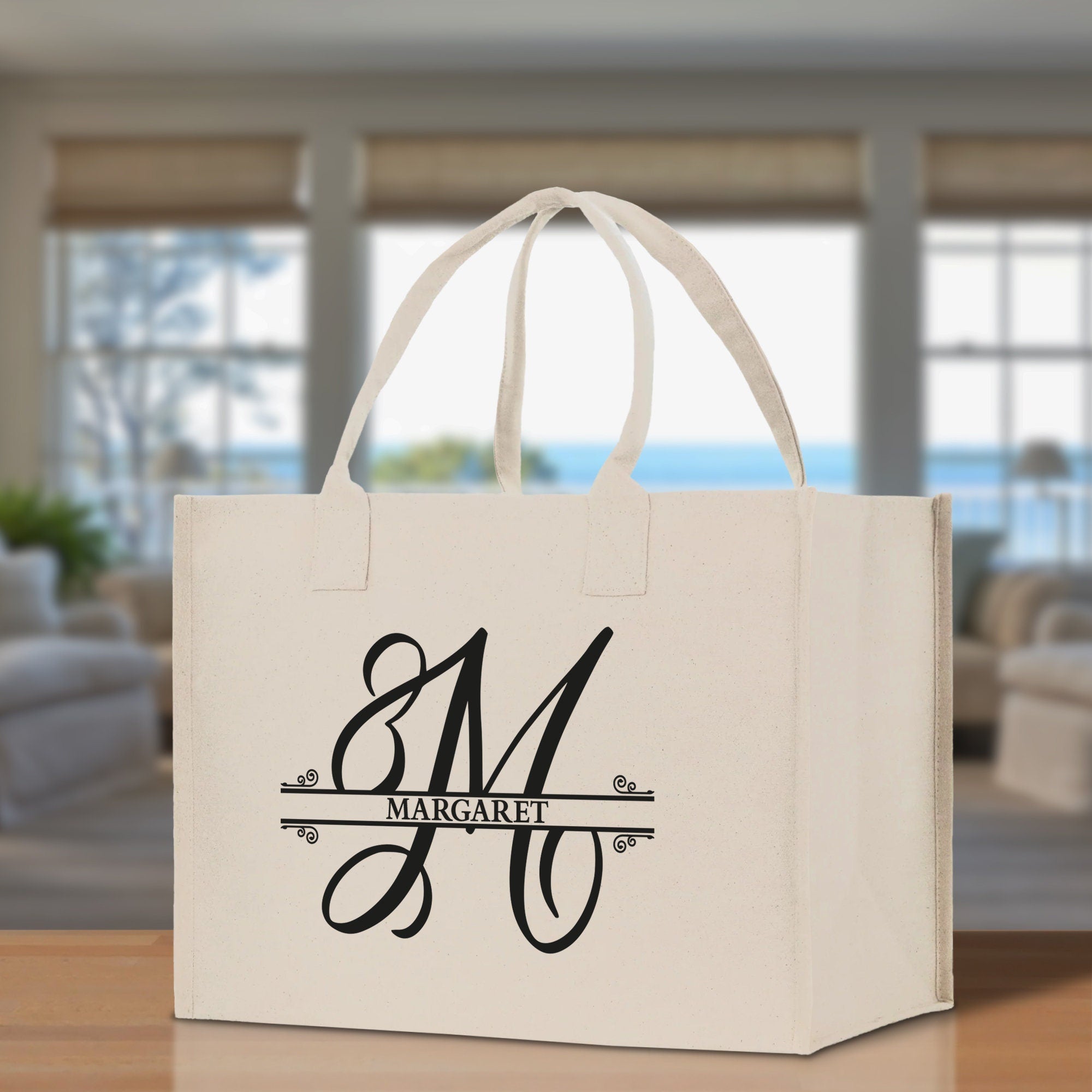Split Initial and Name Custom Cotton Canvas Tote Bag Personalized Initial Tote Birthday Gift Wedding Gift Jewelry Box Frosted Can Glass Set