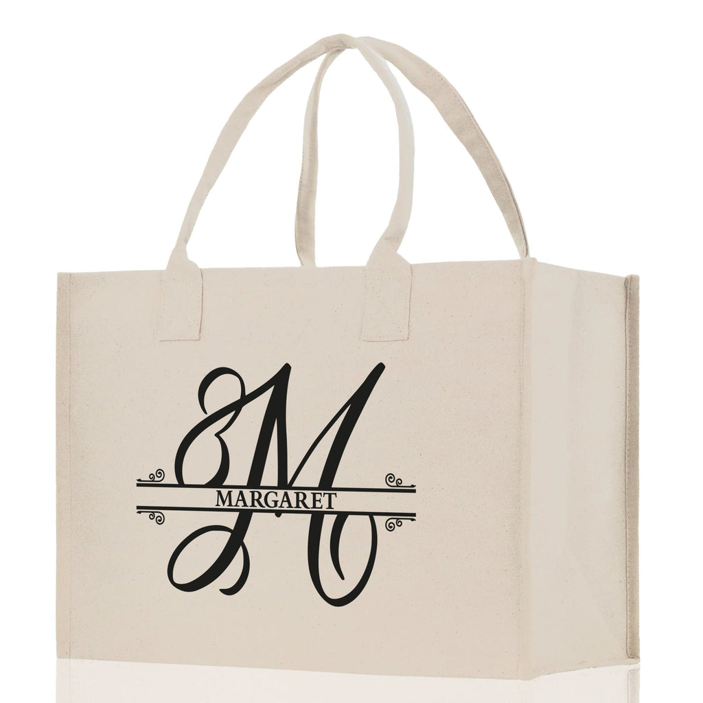 Split Initial and Name Custom Cotton Canvas Tote Bag Personalized Initial Tote Birthday Gift Wedding Gift Jewelry Box Frosted Can Glass Set