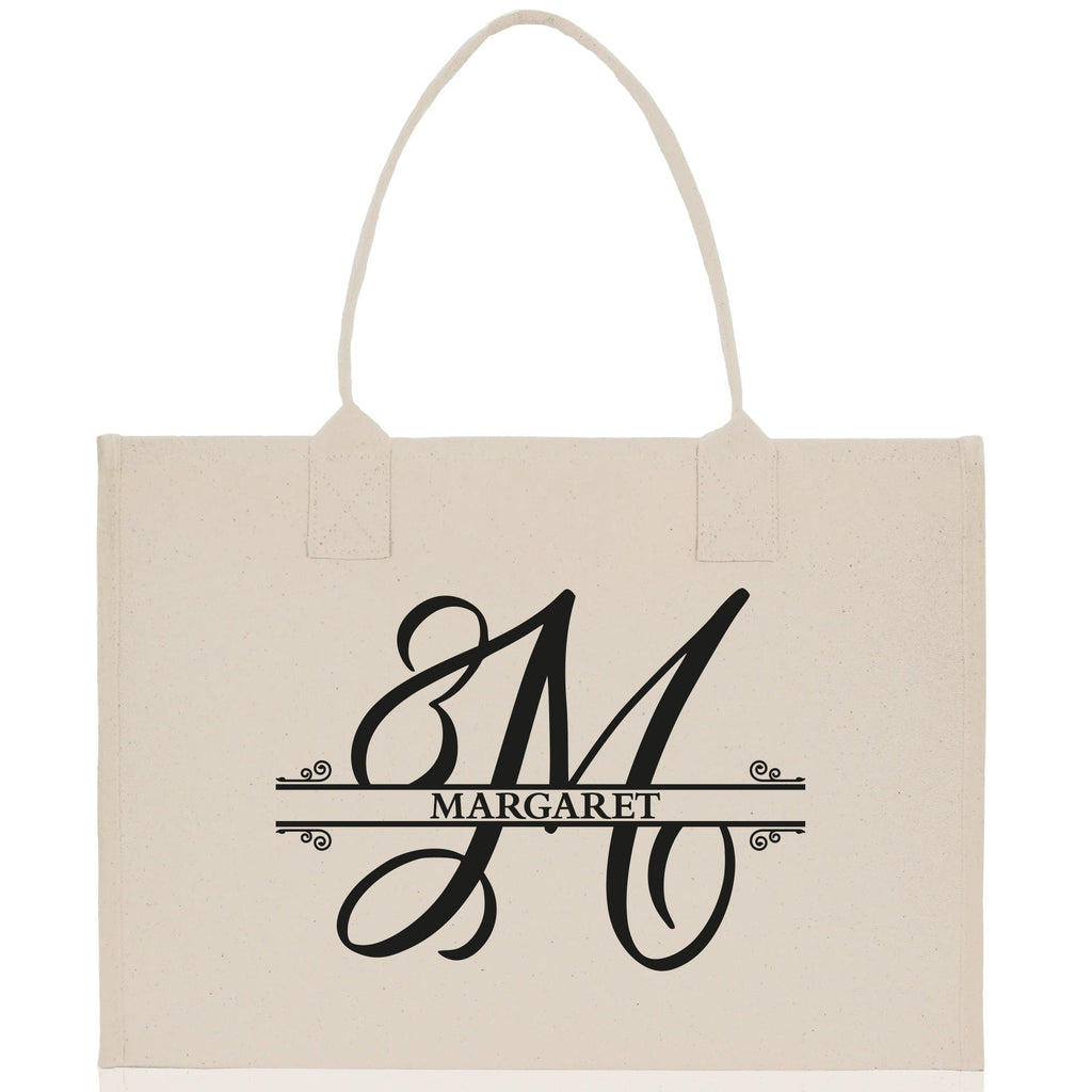 Split Initial and Name Custom Cotton Canvas Tote Bag Personalized Initial Tote Birthday Gift Wedding Gift Jewelry Box Frosted Can Glass Set