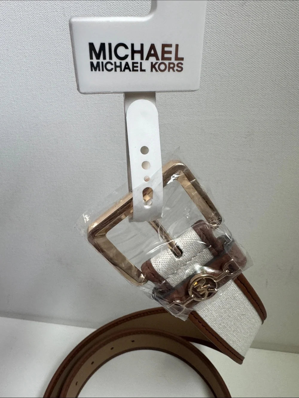 Michael Kors Ladies Belt-Cream Canvas & Brown Leather with Gold Buckle.