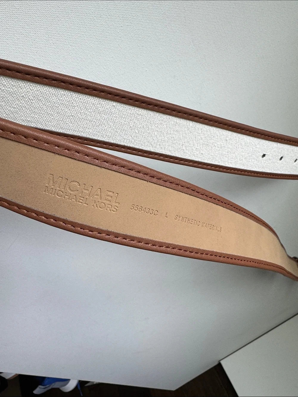 Michael Kors Ladies Belt-Cream Canvas & Brown Leather with Gold Buckle.