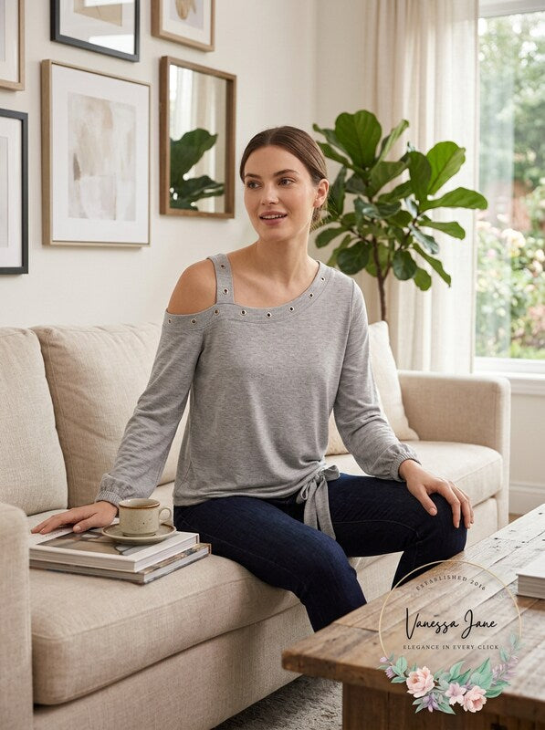 Single Thread Womens Grommet Cold Shoulder Pullover Top Gray, Small