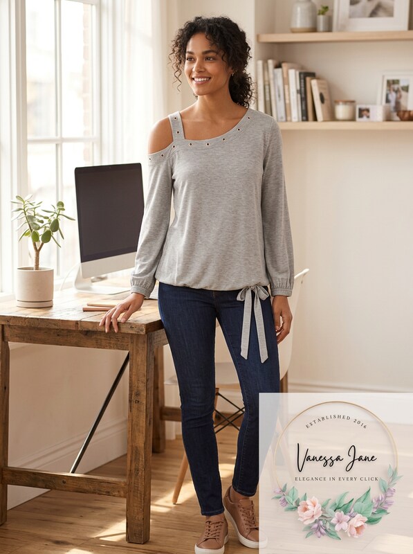 Single Thread Womens Grommet Cold Shoulder Pullover Top Gray, Small
